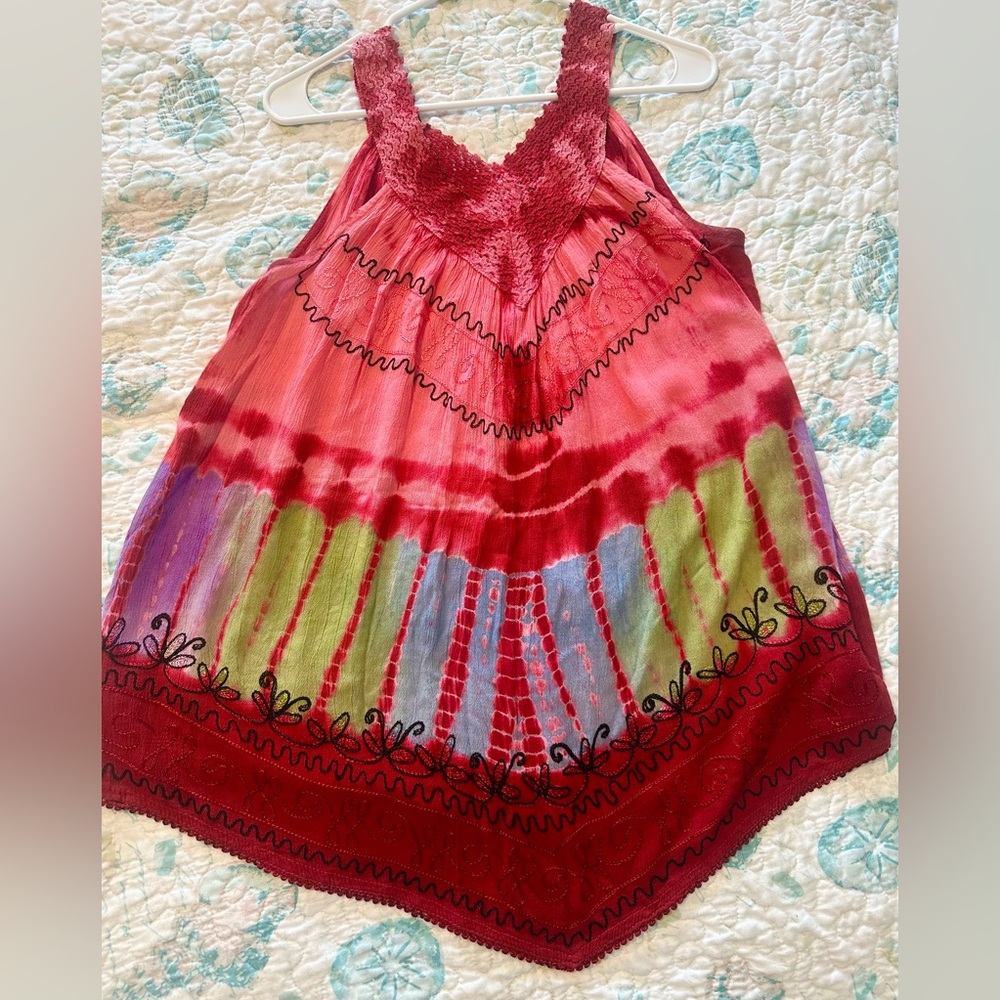 Women’s Boho tank top with embroidered straps. Multi colored tank top; one size.